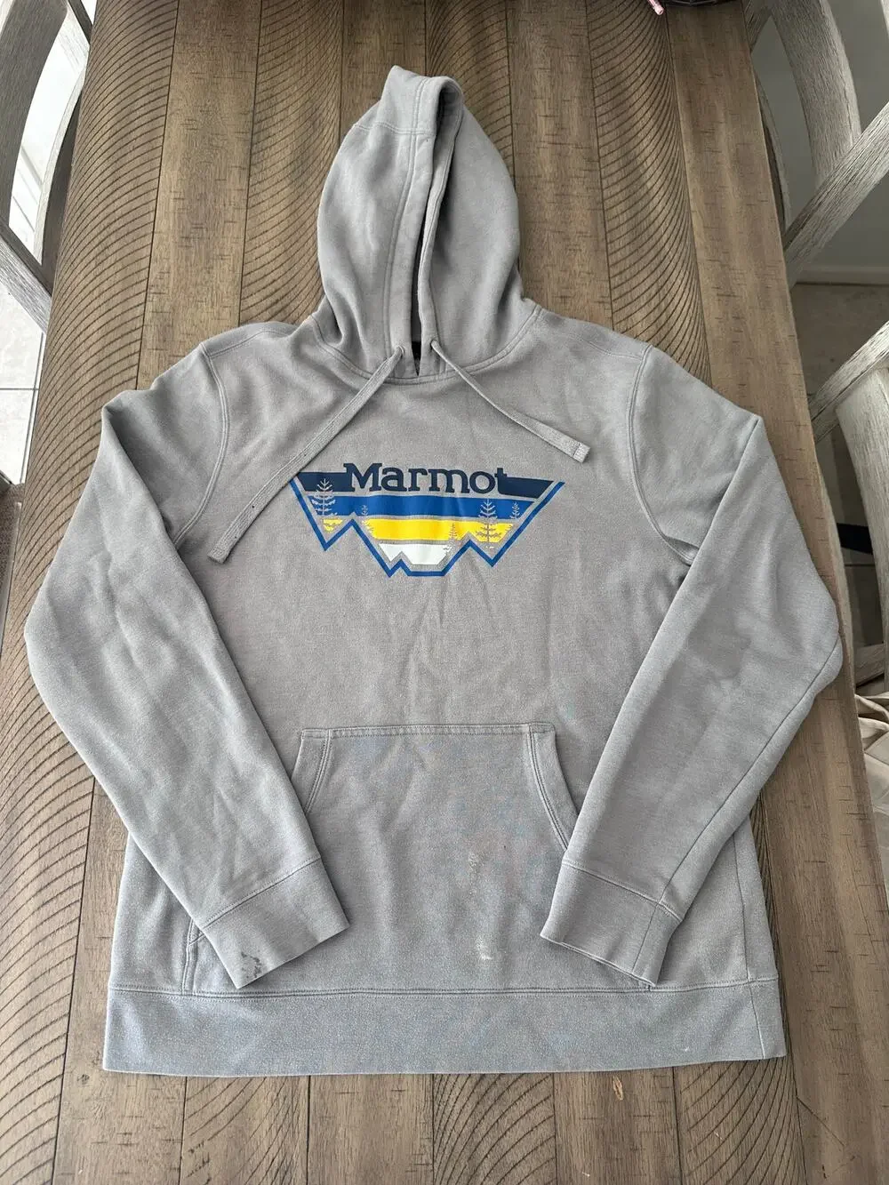 Marmot Hoodie Mens Medium Gray Mountain Logo Pullover Sweatshirt Casual